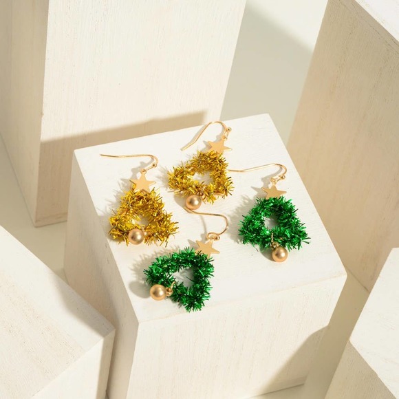 Gold Fuzzy Christmas Tree Drop Earrings with Gold Star Accents - Picture 3 of 3